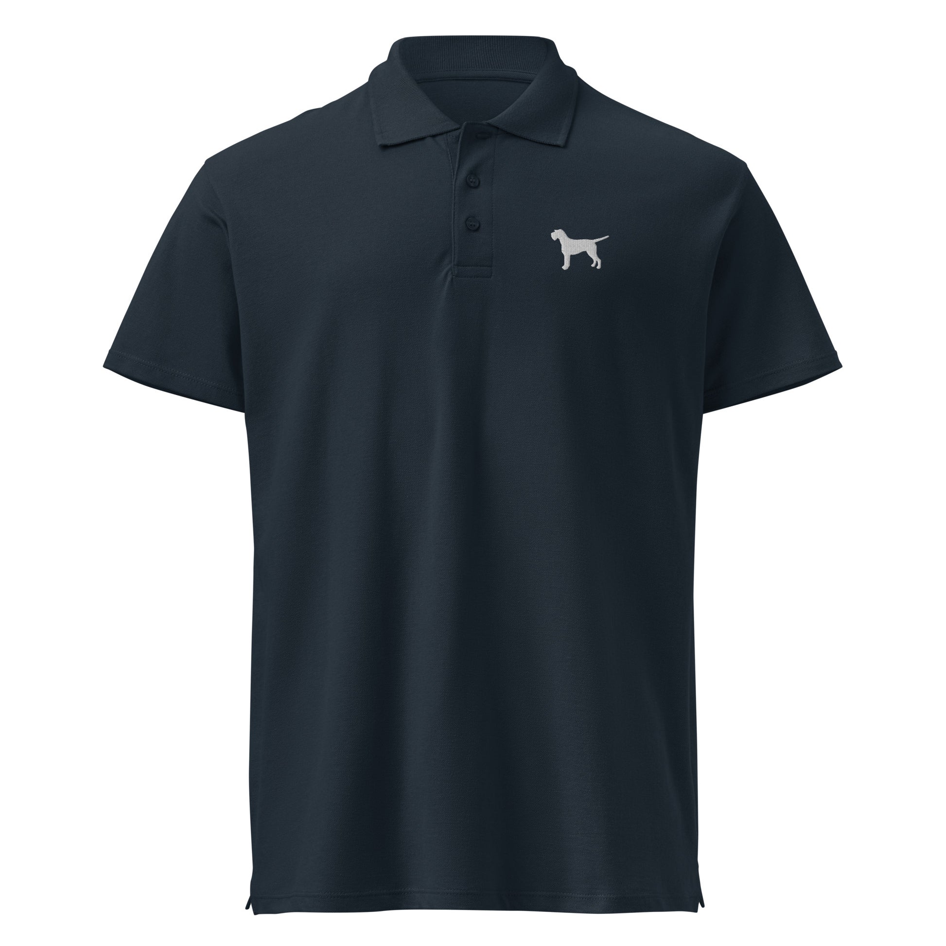 Blauwe unisex polo met zilver grijze geborduurde duitse staande draadhaar op de borst – jachthondenstijl met een premium uitstraling.