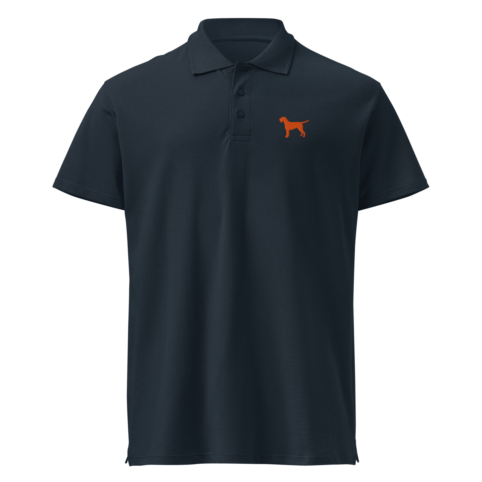 Blauwe unisex polo met oranje geborduurde Vizsla Draadhaar op de borst – jachthondenstijl met een premium uitstraling.