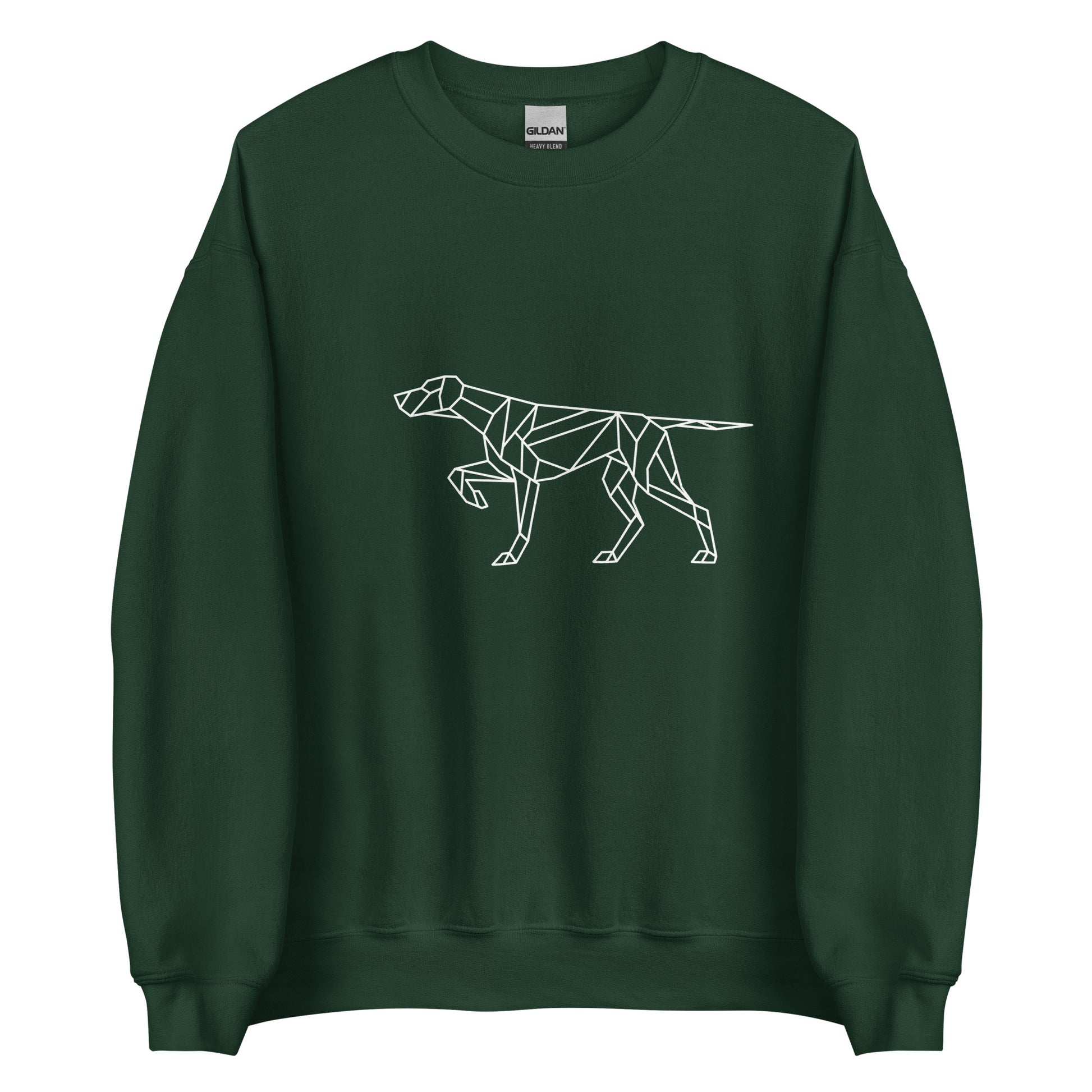 Groene trui met geometrische ontwerp van een voorstaande jachthond